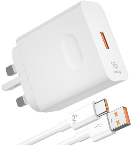 100W SuperCharge Power Adapter for Honor 200 400 Pro 90 70 Lite,USB Super Fast Charger Plug UK for Honor Magic 7 pro 6 Lite V5 V3 Smart X7b X8a X8b X9b Pad 9 10 Wall Charger/Type C Charging Cable 1M