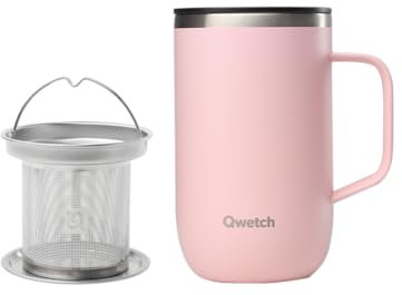 QWETCH - Taza Térmica con Asa e Infusor - Acero Inox Reciclado 470ml Rosa Pastel - Taza Café y Té Isotérmica - 6h Caliente & 12h Fría - Tapa Antiderrames - Termo Infusiones para Llevar