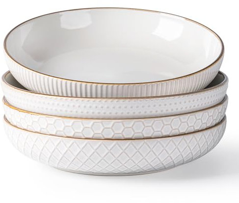GBHOME Juego de 4 platos de porcelana (24 cm de diámetro), cuencos de cerámica extraprofundos para sopa y fideos para pasta, ensaladas, postres y comidas familiares, aptos para lavavajillas y