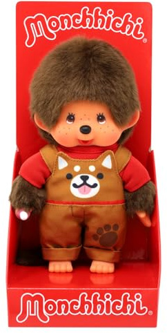Sekiguchi- Monchhichi 203864-Monchhichi Original niño con Peto y Motivo Shiba Inu, Aproximadamente 20 cm de Peluche marrón, Multicolor, One Size (203864)
