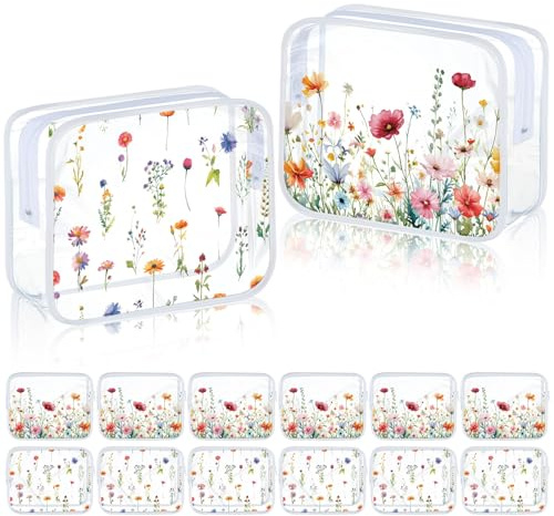Sanwuta 12 Pcs Wildflower Makeup Bags Clear Cute Flower Gift Bag Portable Cosmetic Pencil Pouch with Zipper Small Floral Toiletry Organizer Wedding Party Favors for Women Travel Birthday Party Decor