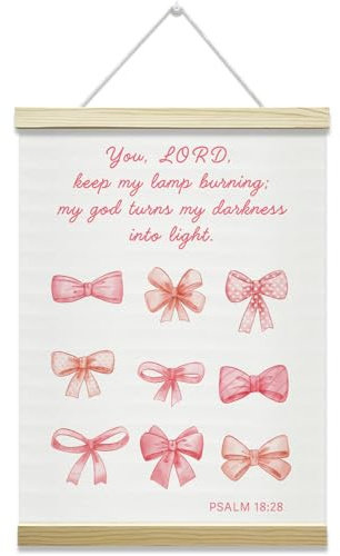 Pink Bow Christian Poster Hanger Frame, Inspirational Bible Verses Wall Art, Canvas Poster with Wood Frame, Bedroom Girls Room Dorm Apartment Wall Decor, Decor Gifts for Girls Teens,12x16 Inches -18