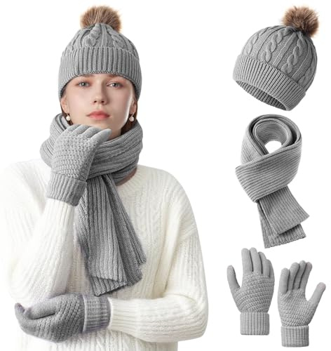 NHTJTHE mütze, schal & handschuh-sets für damen，Damen Mütze Schal und Touchscreen Handschuhe Set，Warme Kuschelige Schal Winterset