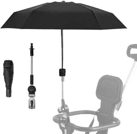 Pram Parasol,Clip on Parasol,Adjustable Steering Angle, Clip-On All-Round Protection, Pram Umbrella,Convenient and Lightweight,Sun Protection Lightweight, Easy to Install, Stroller Umbrella（Black）