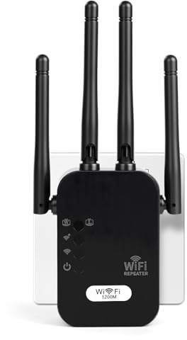 AOOSU WiFi Repeater 1200Mbps with 4 High-Gain Antennas, Black WiFi Extender Booster Supporting Repeater/AP Dual Modes, Built-in Ethernet Port for Seamless Connection of All WiFi Devices