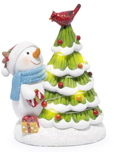 Hodao Christmas Tree Figurine Decorations — Lighted Hand-Painted Resin Snowman with Cardinal, Tabletop Decor for Family or Friends | Mantel, Shelf, Living Room Display