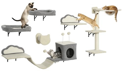 PawHut 6-teilige Wand-Katzenregale, Innen, Beige | Wandmontiertes Möbelset, Acryl-Bubble-Hängematte, Haus, Leiter, Sisalkratzer, stabiler Wandkatzenbaum.