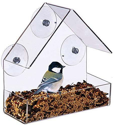 MUXItrade Fenster-Vogelfutterhaus, für Wildvögel, 3 Saugnäpfe, Futterstation mit Dach,transparent, Acrylglas, PVC, Standard(15 x 15 x 6 cm)
