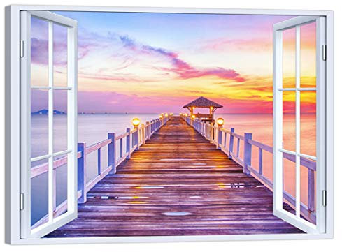 LuxHomeDecor Quadro Finestra Tramonto 100x75 cm Stampa su Tela con Telaio in Legno Arredamento Arte Arredo Moderno