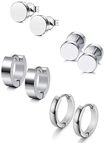 Feilok 4 Paare Set Edelstahl Ohrringe Rund Ohrstecker Klapp-Creolen Hoop Huggie Piercing Ohr Clips Tunnel für Herren Damen