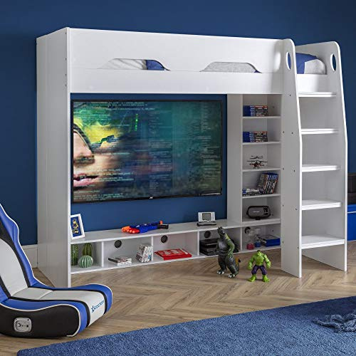 happybeds Wooden Gaming Bed, Galaxy White Wooden Gaming High Sleeper - 3ft Single (90 x 190 cm) Frame Only