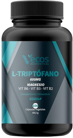 L-Triptófano con magnesio Vecos - Triptófano con vitaminas B2, B3 y B6 para regular el ciclo del sueño, estrés y bienestar - 600 mg dosis - Envase 50 días - 100 cápsulas vegetales - 100% apto veganos