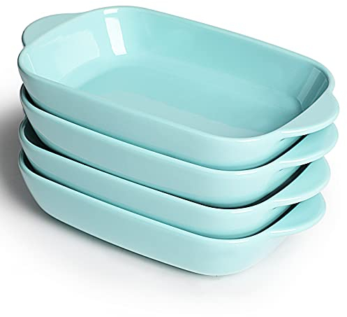 LEETOYI Ceramic Small Baking Dish 7.5-Inch Set of 4, Rectangular Bakeware with Double Handle, Baking Pans for Cooking and Cake Dinner(Turquoise)