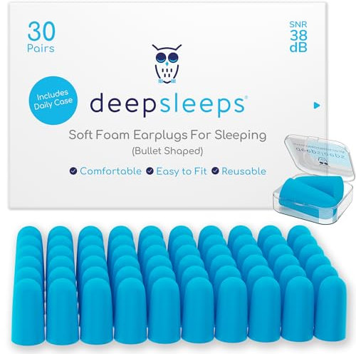 Deep Sleeps Foam Ear Plugs for Sleeping, 30 Pairs, 38dB Sleep Ear Plugs Noise Cancelling for Medium Sized Ears, Soft, Re-Usable, Premium Earplugs for Sleep, Travelling, Studying