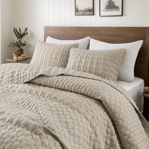 WDCOZY Beige Quilt Twin Size Bedding Sets with Pillow Sham, Lightweight Bedspread Coverlet, Twin XL Thin Comforter Bed Cover, All Season Summer Spring, Tan Cream, 2 Pieces, 68x90 inches