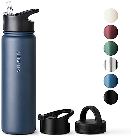 Vinsun Edelstahl Trinkflasche 750ml - 3 Deckel - auslaufsicher, Kohlensäure geeignet, BPA frei - leichte Thermosflasche Sport, Outdoor, Schule, Uni, Büro, Gym