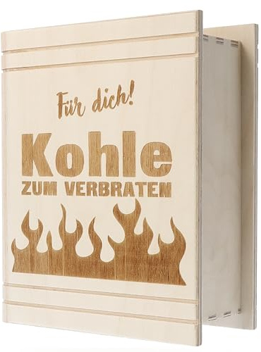 Spruchreif | Spardose in Buchform mit Gravur | Holz-Spardose mit Gravur | Geldgeschenk | Sparbüchse | Buch-Spardose | Lustige Geschenkidee | „Kohle zum Verbraten“
