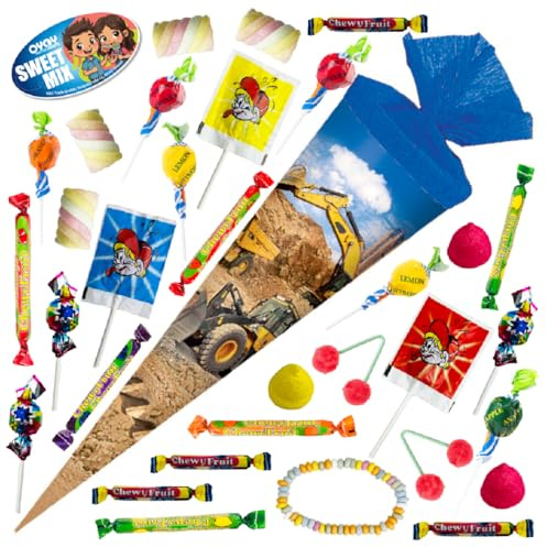 OYOY Schultüte gefüllt mit Süßigkeiten Mix I Schultüte Baufahrzeuge I Schultüte 35 cm I kleine Schultüte fertig gefüllt I Geschwister Schultüte I Zuckertüte klein I Einschulung Geschenk