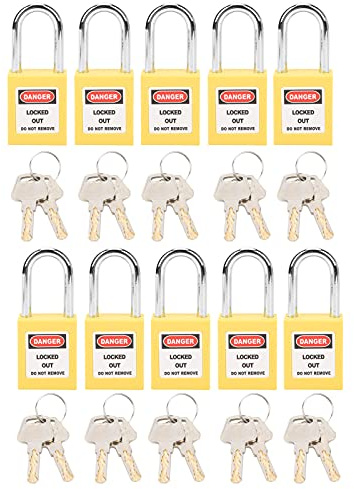 Lot de 10 Cadenas de sécurité 38 Mm en Nylon avec Cadenas Loto avec 20 Clés pour Alimentation Chimique (Jaune)
