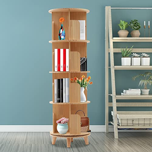 YyanLAK Drehbares Bücherregal, 155 * 46cm Raumteiler Standregal Drehregal, 360° frei drehbar Büroregal Dekoregal, 4-stufig Holz, Boden stehend Buch Spielzeug,für Kinder und Erwachsene