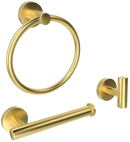 Gold Bathroom Hardware, NSCMQSL Bathroom Accessories Set Includes Toilet Paper Holder Round Towel Ring Robe Hook Wall Mounted,3 Pieces
