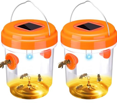 2PACK Wasp Trap,Wasp Trap Outdoor Hanging,Yellow Jacket Trap,Reusable Hanging Hornet Trap,Bee Catcher Outdoor Hornet Traps,Solar Powered Wasp Killer Hanging with UV LED Light(orange)