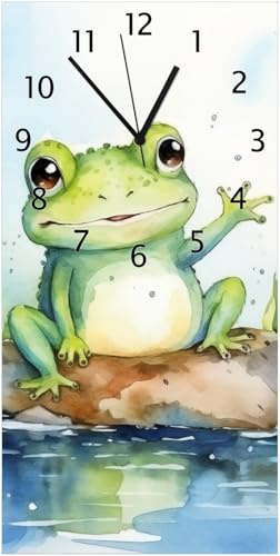 Wallario Design-Wanduhr Frosch in Aquarell aus Glas, Motiv-Uhr Größe 30 x 60 cm, Schwarze Zeiger