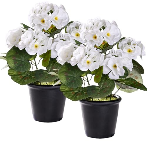 YELIKIT 2PCS Künstliche Blumen im Topf Kunstblumen Pflanzen Geranie Dekoration Freien und Innen Seidenblumen Blumensträuße mit Keramikvase Kunstpflanze für Balkon Home Hochzeit Tischdekoration, Weiß
