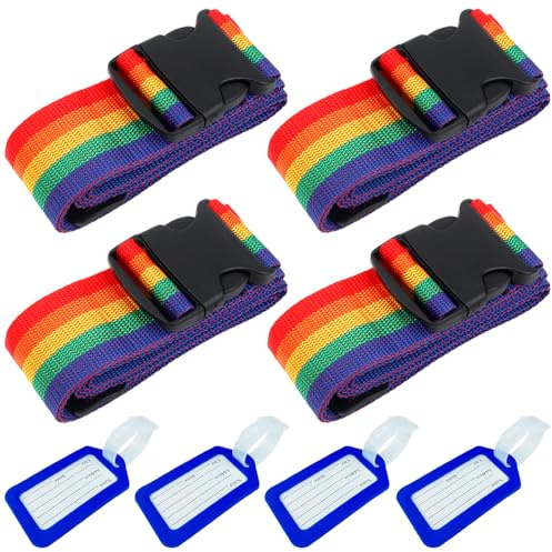 Kofferband, 4 Stück kofferband Gurt Set, Koffer Zubehör Gurt rutschfest Einstellbare Kofferbänder Mit Gepäckanhänger für Schnell Erkennen Gepäck Reisetasche Koffer(Regenbogen)