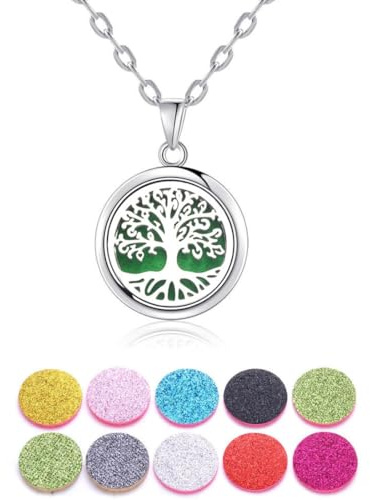 Aromatherapie Kette Aroma Diffuser, Aromatherapie ätherisches Öl Diffusor Frauen Halskette, versilbert Baum des Lebens Anhänger mit 10 Stück Baumwolldichtung, Geschenk für Mutter, Freundin