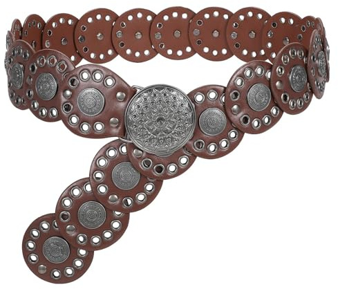 JASGOOD Women Western Vintage Disc Waist Belts Wide Concho Leather Boho Waist Belts for Dress Jeans, Brown, M