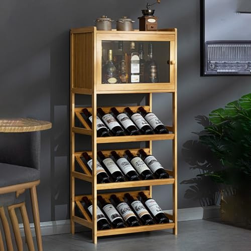 EFGETD Mueble Bar de Vinos con Botellero, Soporte para Vino de Pie con Espacio para Almacenar Vinos y Estante para Botellas, Puerta de Armario de Acrílico Transparente(Natural,52 * 32 * 90cm)
