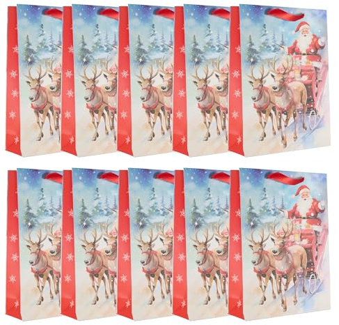 Idena 30515-10 - Geschenktüten Weihnachten, 10 Stück, Geschenktaschen in der Größe 25 x 34 x 9 cm, Papiertüten Weihnachtsmann auf dem Schlitten und Rentiere