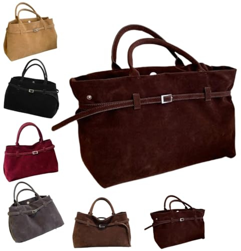 Generisch Wildleder-Einkaufstasche für Damen, Schultertasche aus Kunstleder Modische Vintage-Griff, Wildleder Pendeln Arbeiten bag
