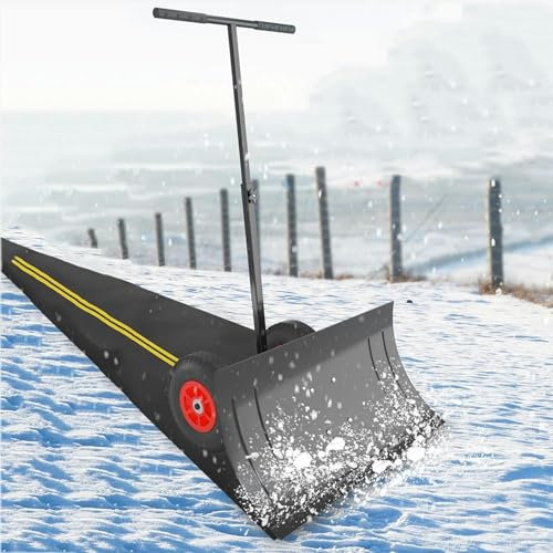Pelle à neige pour déneigement, pelle à neige avec roues, poussoir à neige en métal robuste, outil de déneigement avec 5 poignées d'angle réglables en hauteur, pelle à neige de style chasse-