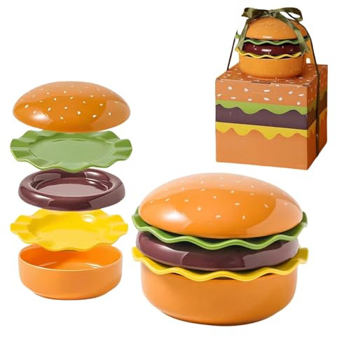 Yately Juego de Platos y Tazones de Cerámica para Hamburguesa, Juego de 5 Tazones y Platos para Hamburguesa, Divertido Juego de Tazones para Té de la Tarde, Postres, Galletas, Bistecs