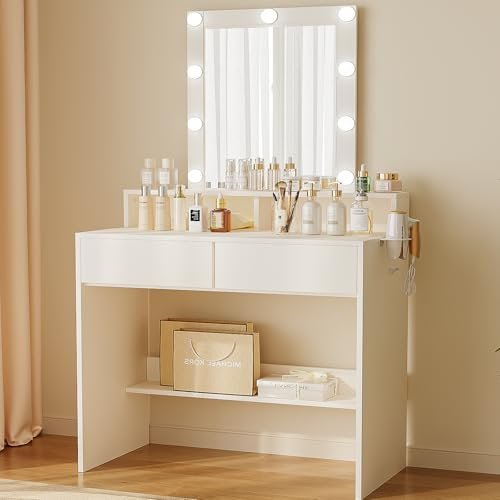 JUMMICO Schminktisch mit LED Beleuchtung und Spiegel, Einstellbare Helligkeit und Farbtemperatur, Kosmetiktisch mit 9 LED Glühbirne, Weiß