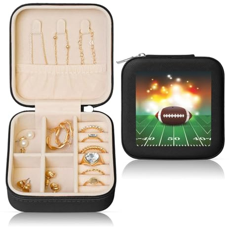 Boîte à bijoux carrée noire en cuir - Portable - Ballon de football américain sur herbe - Rangement pour femme - Idéal comme cadeau de Saint-Valentin