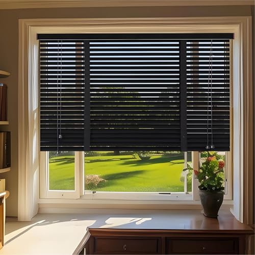 Wooden Windows Blinds For Outdoor, Horizontal Window Blinds for Bedroom, Privacy Kitchen Window Shades, Natural Solid Wood, Thermal Insulation, W14-80 H30-100 Custom Made For All Window Sizes(Black)