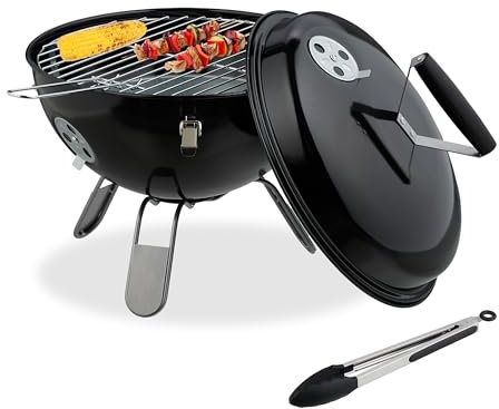 Relaxdays Barbacoa de Carbón, Portátil, 37 cm, Parrilla Pícnic, Jardín y Parque, Grill con Tapa y Pinzas, Redonda, Negro, Nailon, Acero Inoxidable