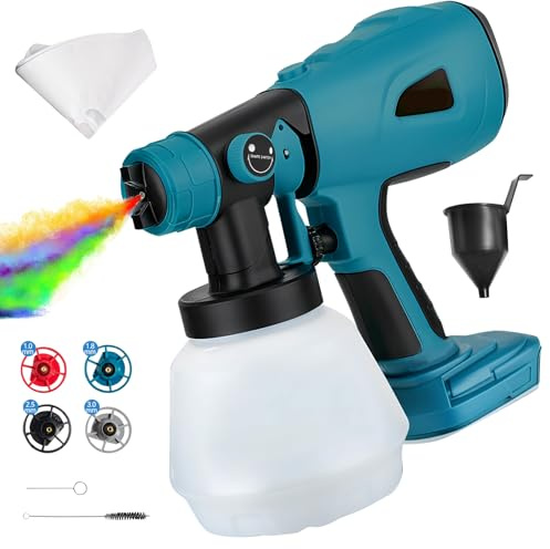 Sladdlös färgspruta kompatibel med Makita 18 V batteri, elektrisk handsprutpistol med 4 munstycken 3 sprutmönster 1 000 ml behållare för väggar möbler målning
