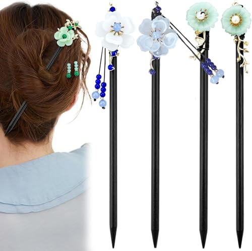 Palos Chinos Para El Pelo, 4 Piezas Hair Pin Hairpin Pelo, De Madera Retro Flor De Mariposa Decoración De Perlas, Adecuado Para Mujeres y Niñas, Cabello Largo (B)