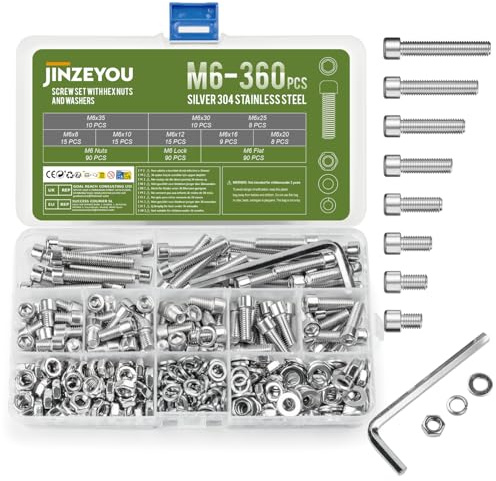 360 Pcs M6 Nuts and Bolts, Hex Socket Head Cap Screws Bolts and Nuts, Stainless Steel Machine Screws Bolts Set, Assorted and with Lock & Flat Washers Assortment for DIY Repair
