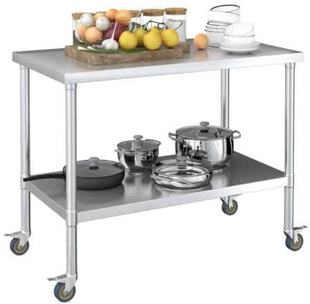 JauCunn Edelstahl Küche Arbeitstisch, Edelstah Tisch mit Rollen, Edelstahltisch Küchentisch, Servierwagen Edelstahl bis 250kg Belastbar, Geeignet für Grilltisch, Essen, Küche, Hotel, Garage.