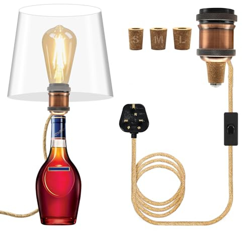 Bottle Lamp Kit, E27 Ceramic Lamp Holder, 240CM Hemp Rope Cable, Bottle Light Adaptor Kit with 3 Sizes of Stoppers, Table Lamp Kits Do It Yourself UK, Light Fittings for Various Bottles, Dark Red