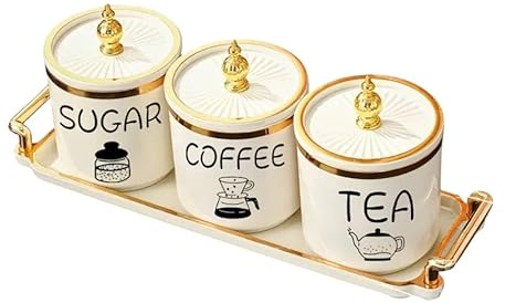 Genérico Juego de Recipientes para Té, Café y Azúcar con Bandeja, 3 Tarros de Cerámica Blanca con Tapas Doradas, 31 cm