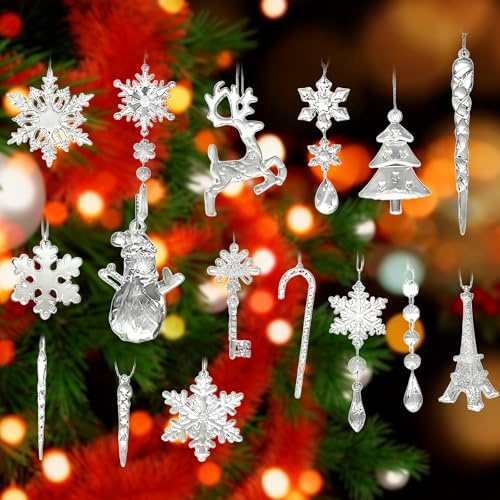SEESUNO 32 Pcs Christmas Tree Decorations, Acrylic Silver Crystal Ornaments Icicles Snowflake Hanging Ornament for New Year Party