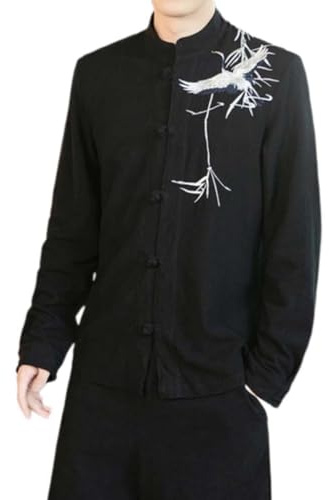 PRINCESS BRIDE Men's Cotton Linen Black Traditional Tang Suit Hanfu,Kung Fu Shirt Uniform Long Sleeved Coat Tops A3