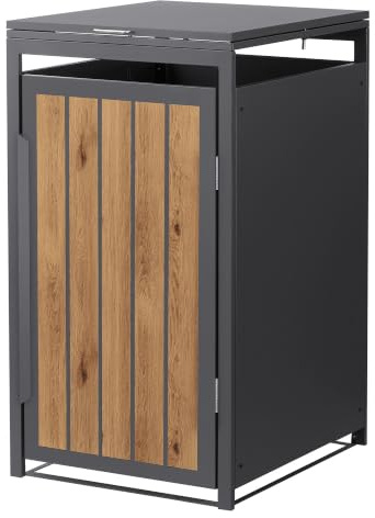 ML-Design Abri Cache 1 Poubelle, 68x80x120cm 240L, Anthracite Aspect Bois Claire, en Acier, Couvercle Rabattable et Porte Clôture, Protection Visuelle, Habillage Conteneurs, Résistant aux Intempéries
