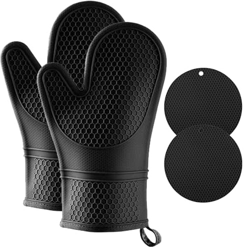 VEGCOO Silicone Oven Mitts, Anti-Slip Oven Gloves 500 ℉ Heat Resistant with 2 Pot Holders, Soft Lining Silicone Oven Gloves for Kitchen Cooking Dessert Making BBQ
